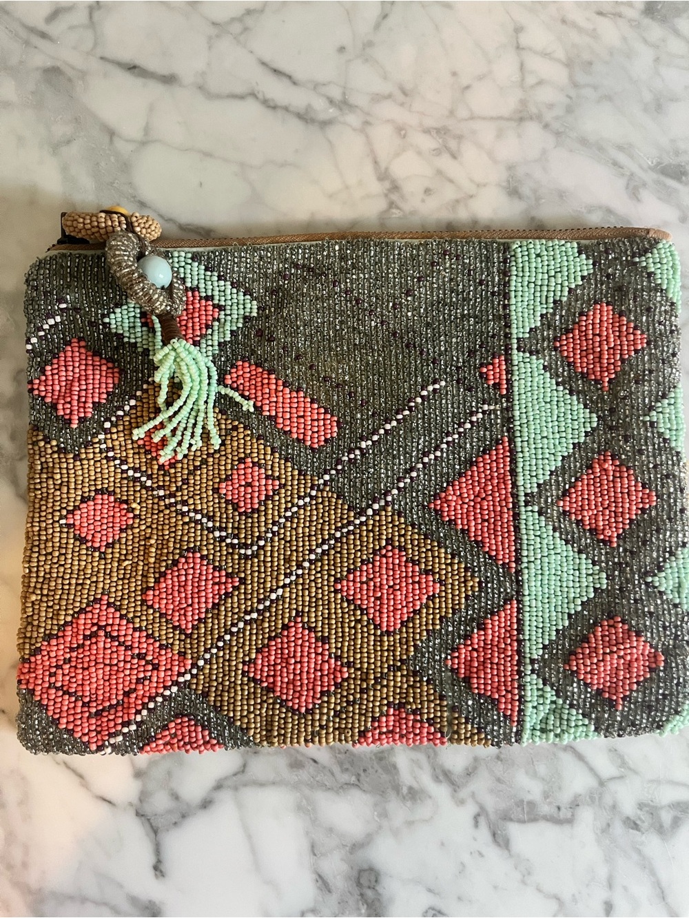 Beaded Aztec-Pattern Wristlet Clutch - Coral, Mint & Gold-Tone